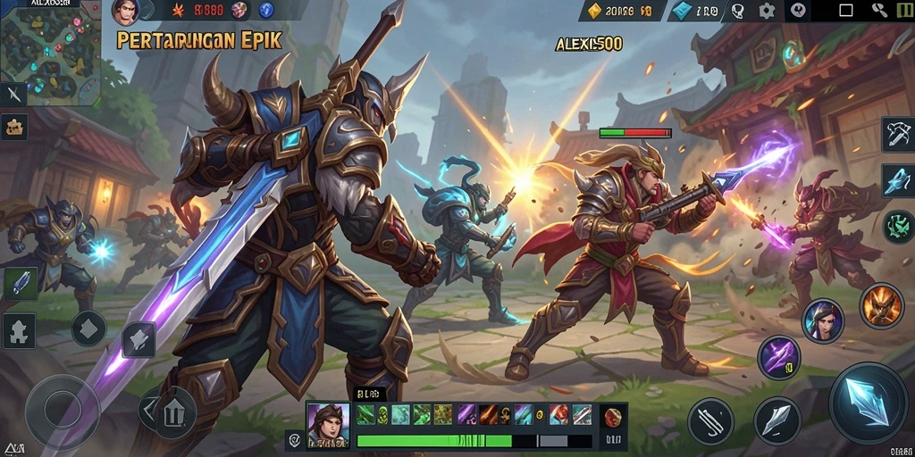 Tangkapan layar utama ALEXIS500 menunjukkan aksi intens di arena MOBA.