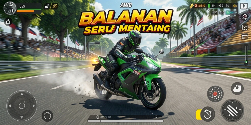 Screenshot gameplay AW8 menampilkan trek balapan yang mendebarkan.