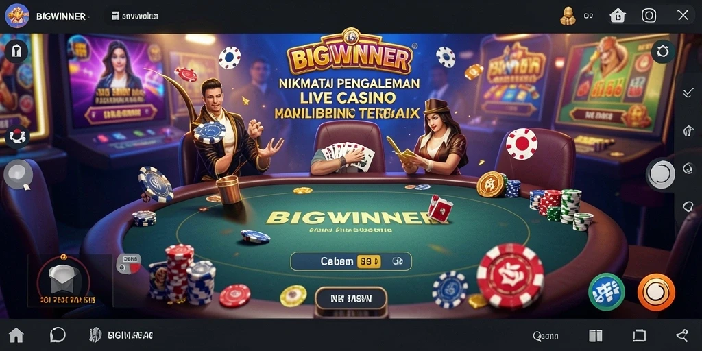 Screenshot utama BIGWINNER menunjukkan dealer langsung dan suasana kasino yang mendebarkan.