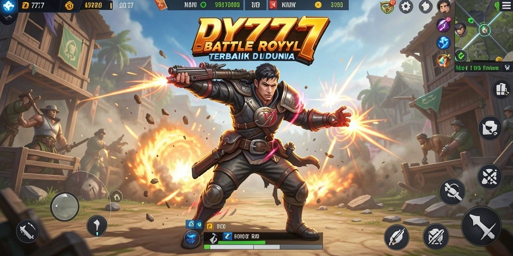 Screenshot gameplay DY777 menunjukkan aksi intens Battle Royale di lapangan.
