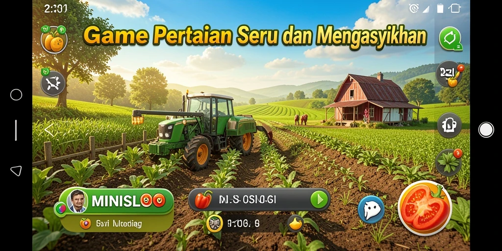 Tampilan gameplay MINISLOT yang menampilkan ladang hijau dan hewan ternak.